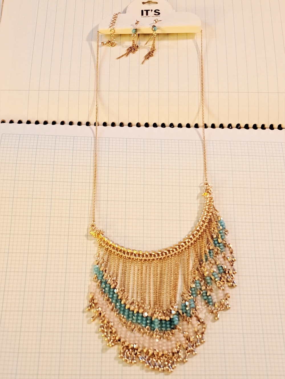 NWT Set Earrings & Gold Fringe Necklace w/ Turquoise & White Beads by It's Sense